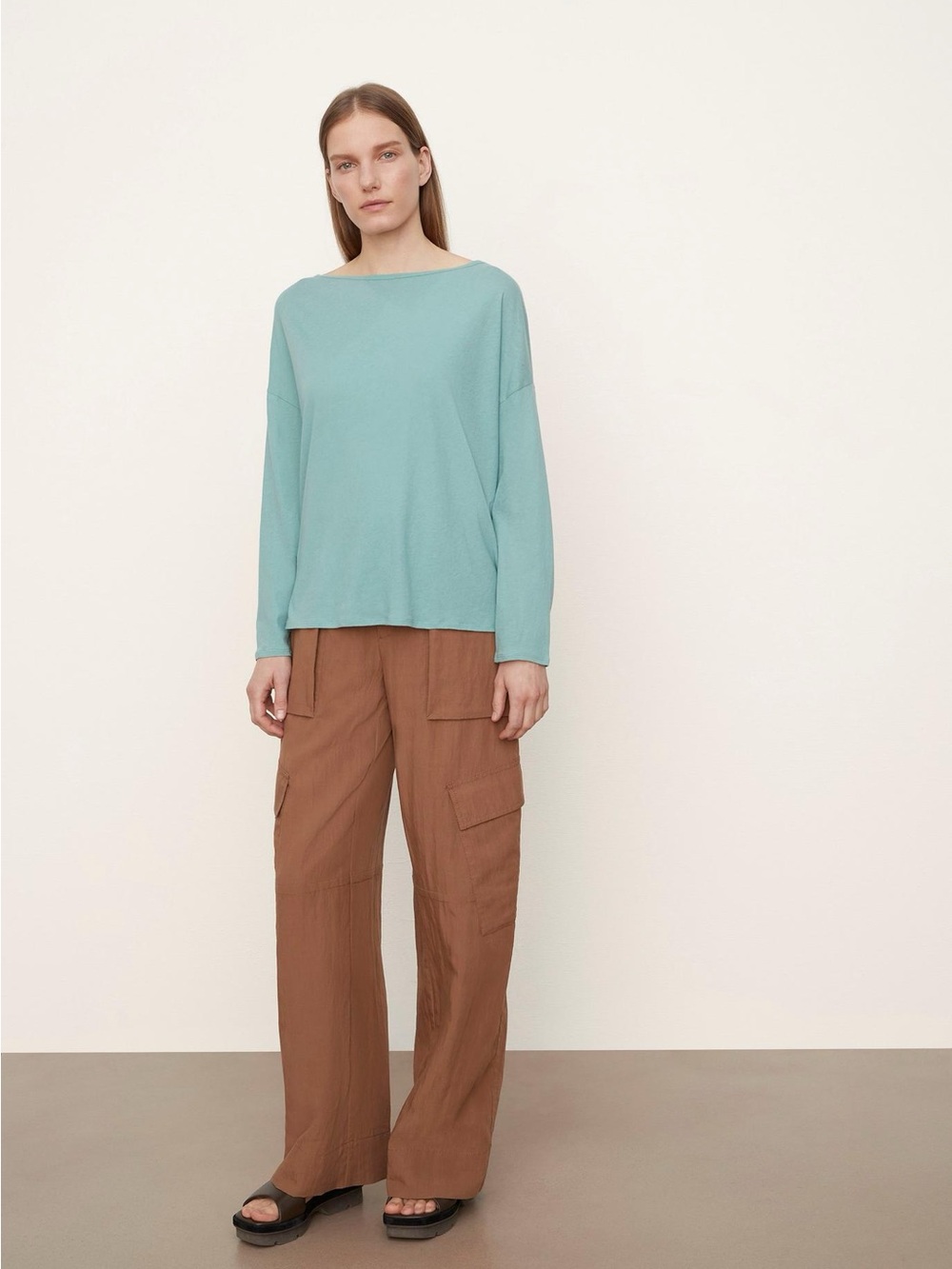 Vince Long Sleeve Boat Neck T-Shirt Blue Green  size M